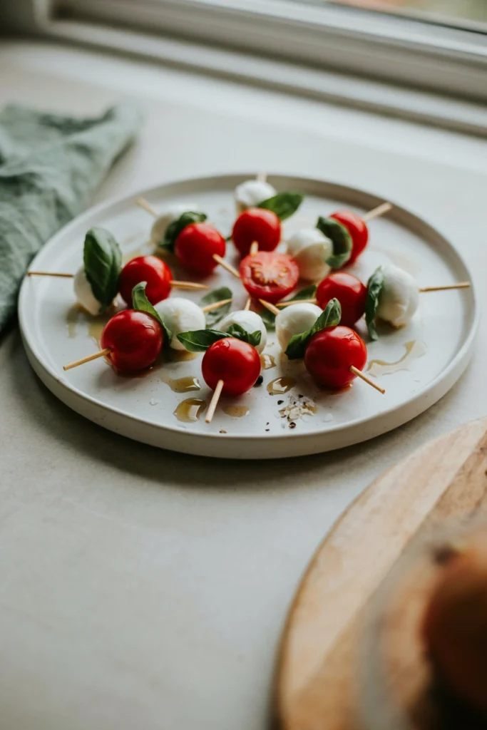 Cherry tomato and mini mozzarella skewers drizzled with balsamic on a white plate