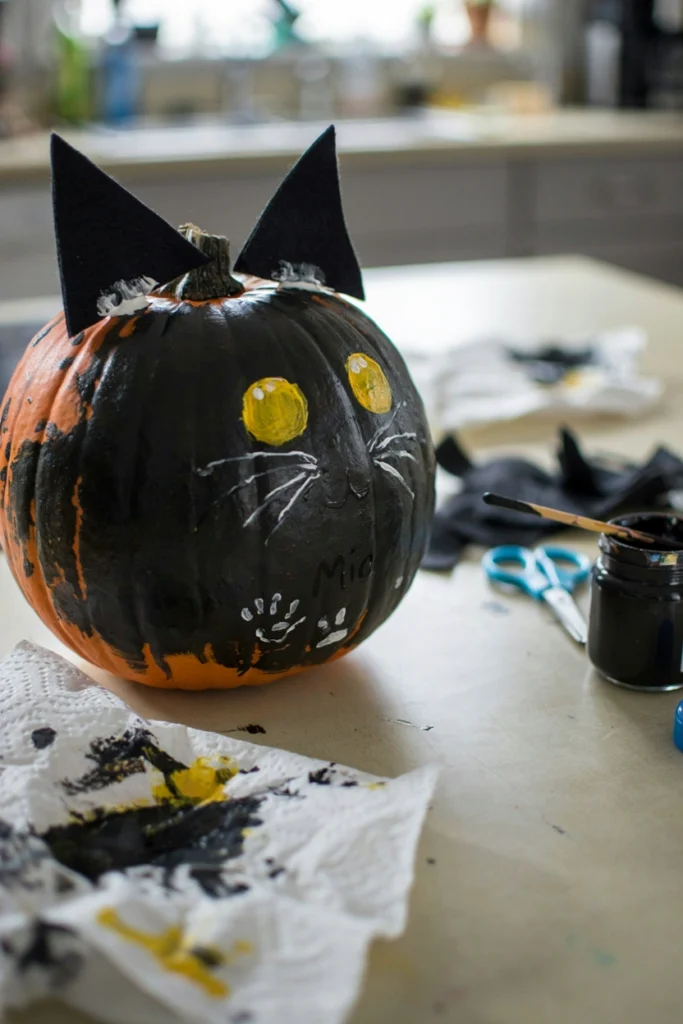 Black cat pumpkin with felt ears, yellow eyes, and painted whiskers