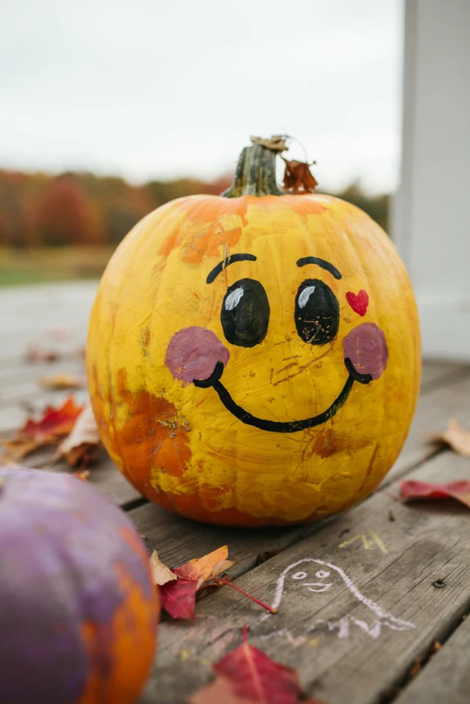 Bright yellow pumpkin painted as a smiling emoji face with rosy cheeks