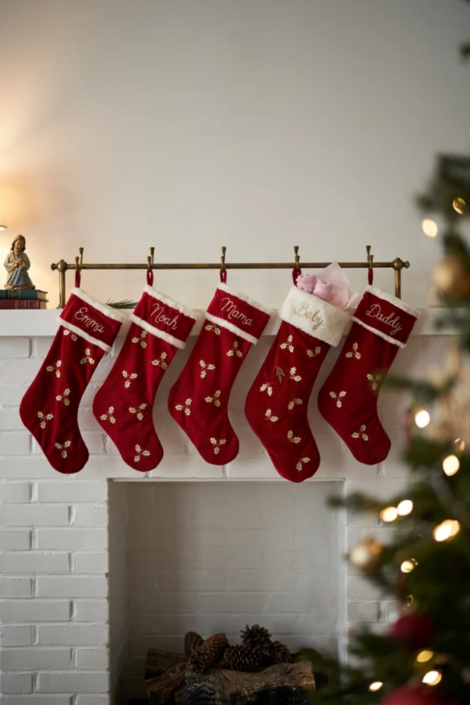 Embroidered family stockings with pink tissue paper peeking out the top