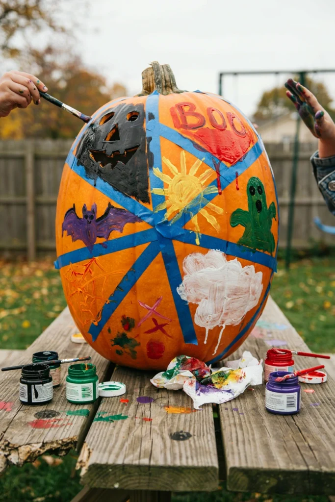 large pumpkin sectioned off with painter's tape, painted collaboratively by several kids with visibly different styles