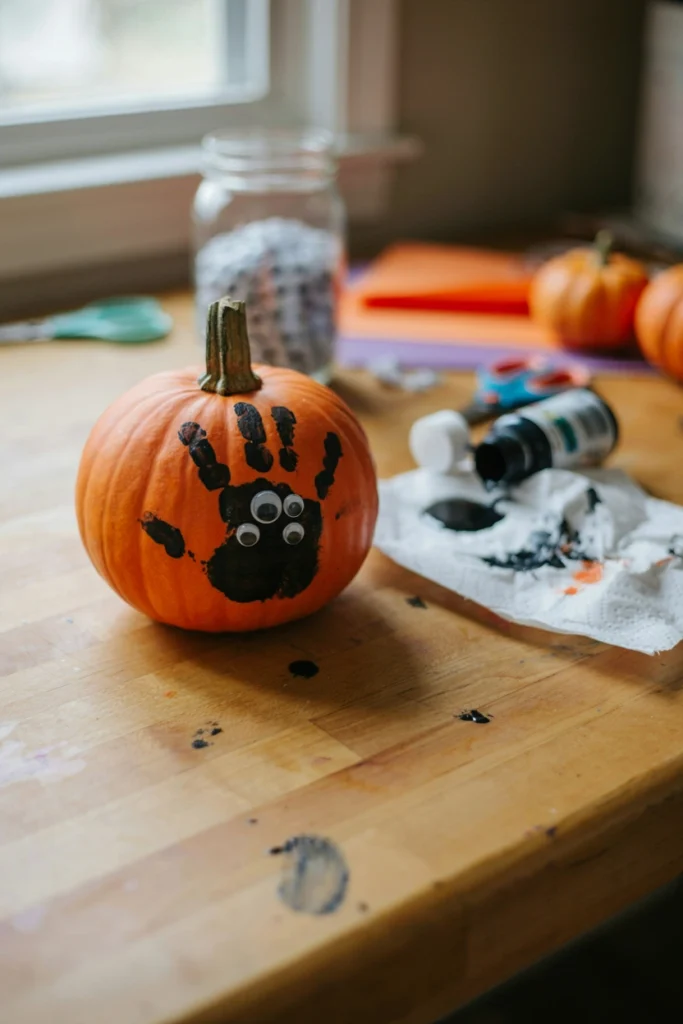 Black handprint painted on a pumpkin to look like a spider with googly eyes