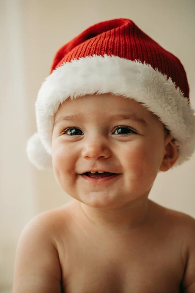 Baby wearing soft knit Santa hat for first Christmas portrait
