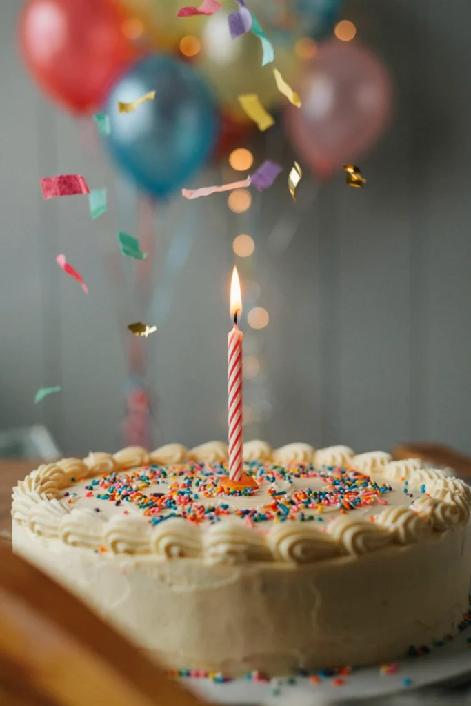 Close-up of a single birthday candle being blown out with soft warm-toned background