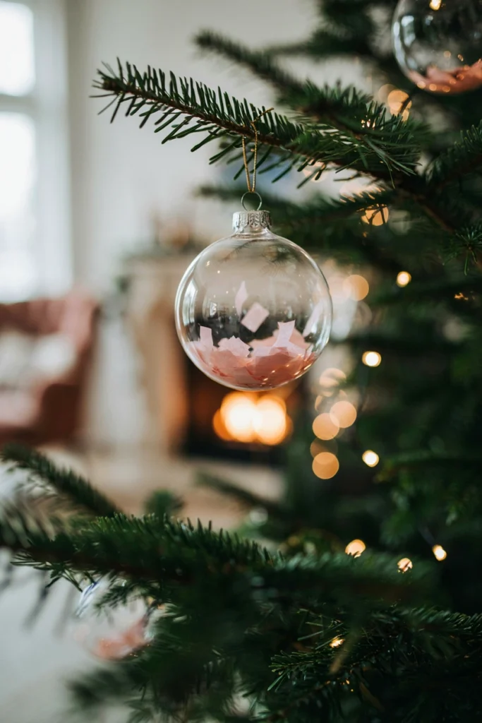 Clear glass gender reveal ornament filled with pink confetti hanging on a Christmas tree