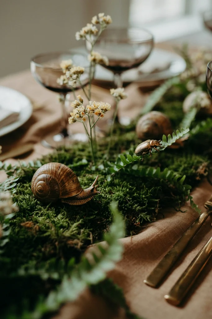 Small snail and beetle figurines tucked into greenery as table accents