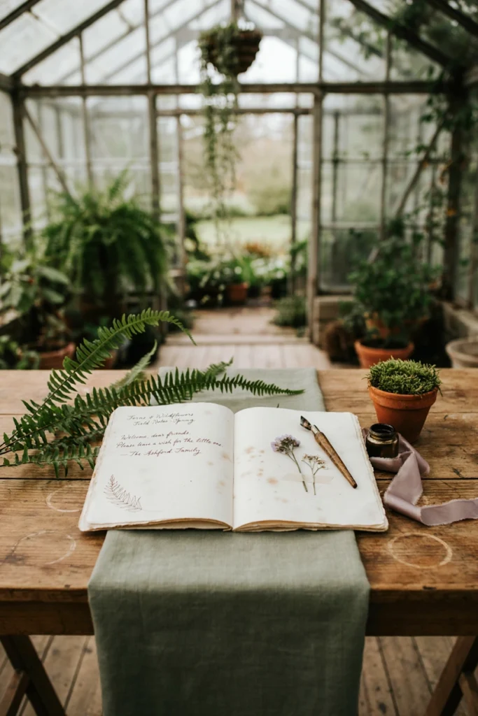 Open journal styled like a botanical field notebook for guests to sign