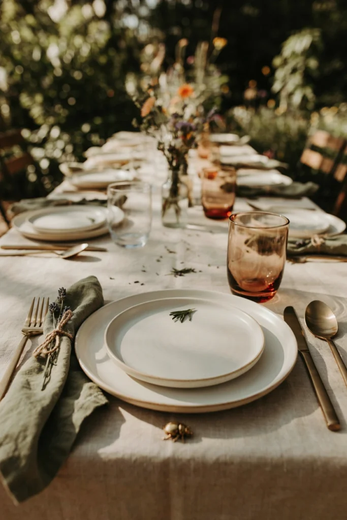 Simple rolled napkin tucked with a sprig of rosemary at each place setting
