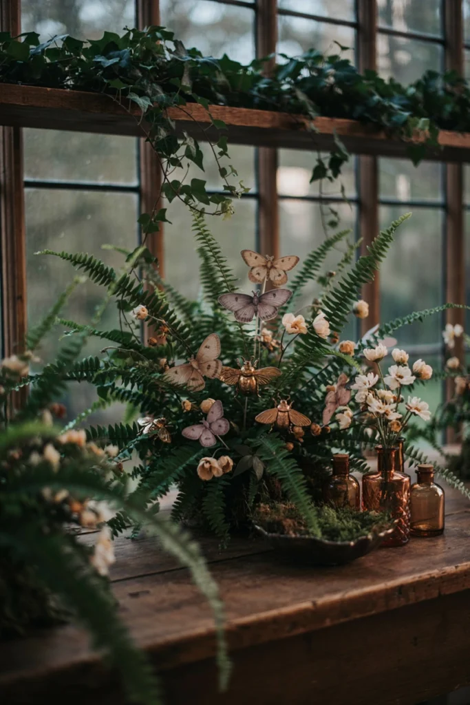 Delicate paper moth cutouts in muted tones scattered subtly through greenery