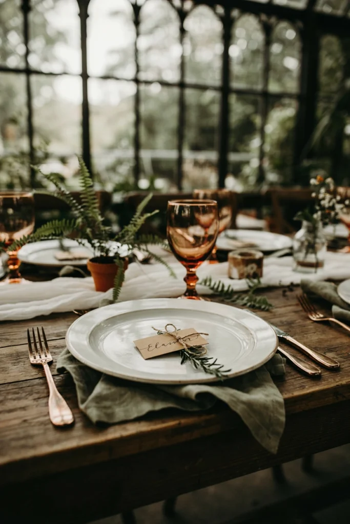 Handwritten kraft name tags tied with twine and a small sprig of greenery