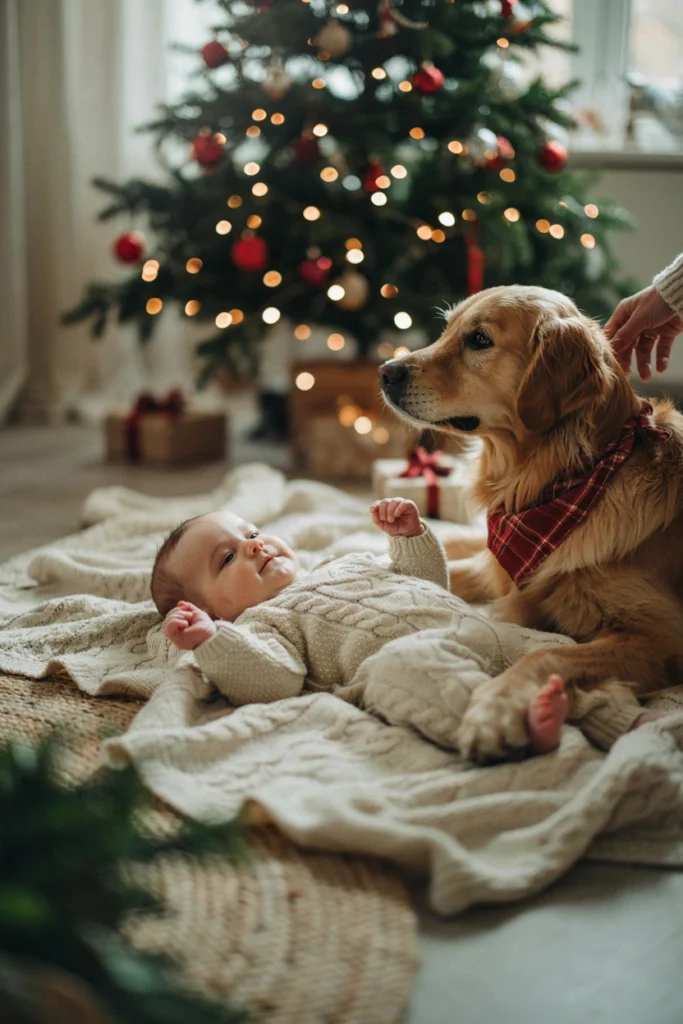 Baby resting next to family dog wearing a Santa bandana