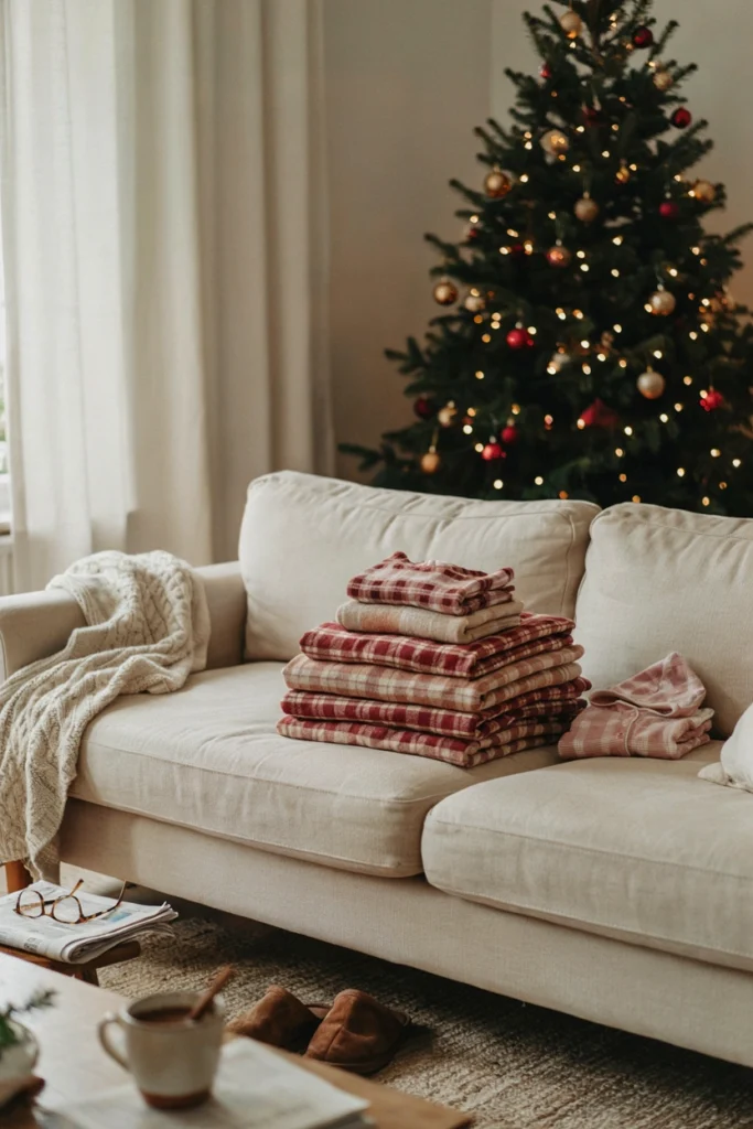 Family in matching red plaid pajamas with a small pair of pink baby pajamas on the couch