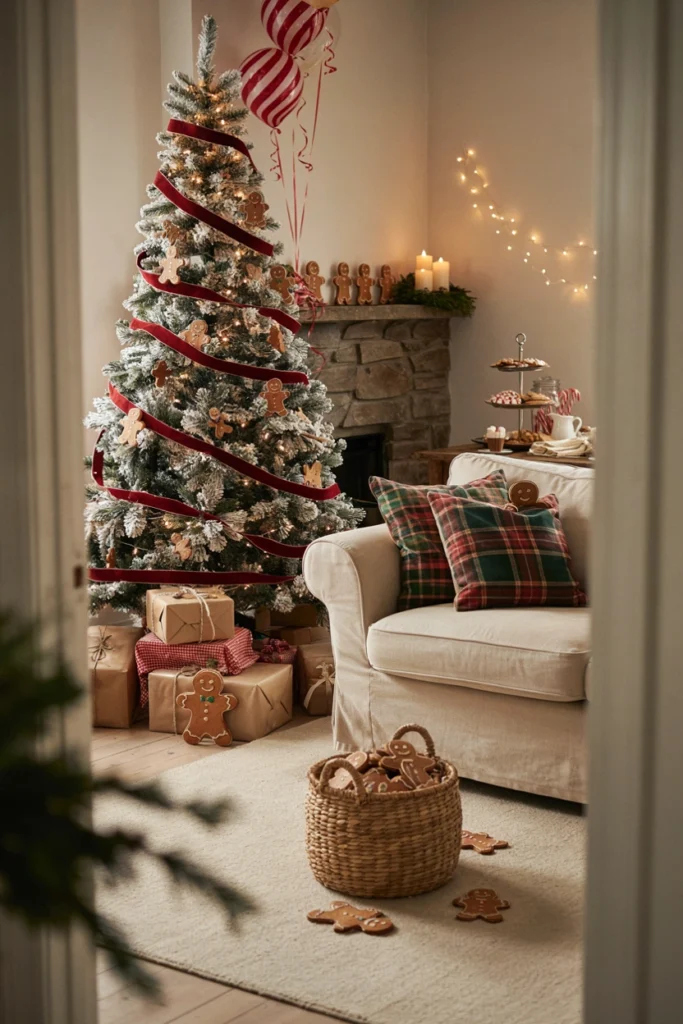Small paper gingerbread man cutouts hidden around a room while kids search under furniture and behind curtains