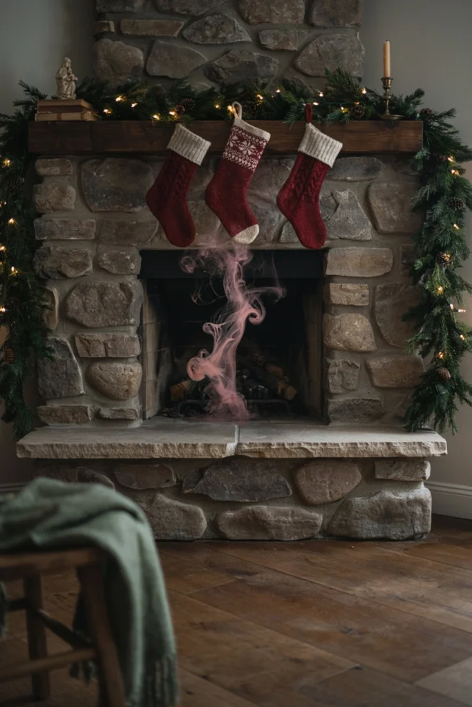 Stone fireplace with soft pink smoke curling up from the hearth beneath hanging stockings