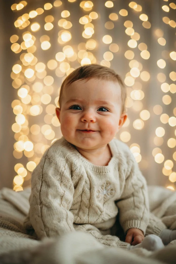Baby's face with string lights blurred into soft bokeh background