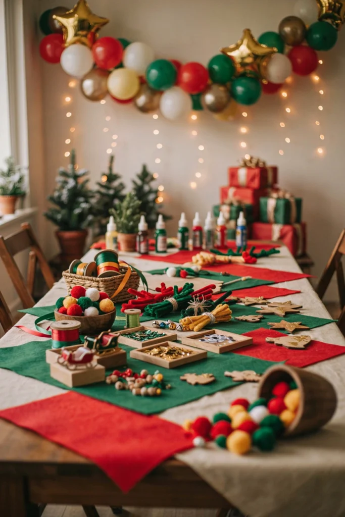 A craft table with felt scraps, pom-poms, glitter glue, and kids assembling small ornaments and paper toys, elf hats scattered nearby