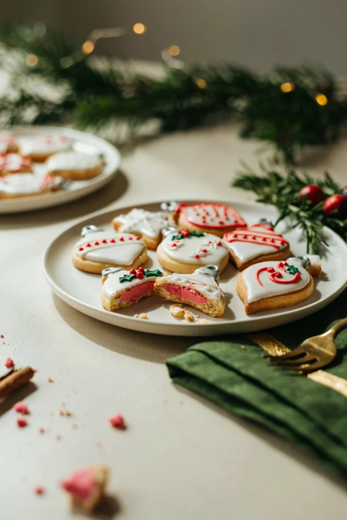 White frosted sugar cookies broken in half showing pink filling inside