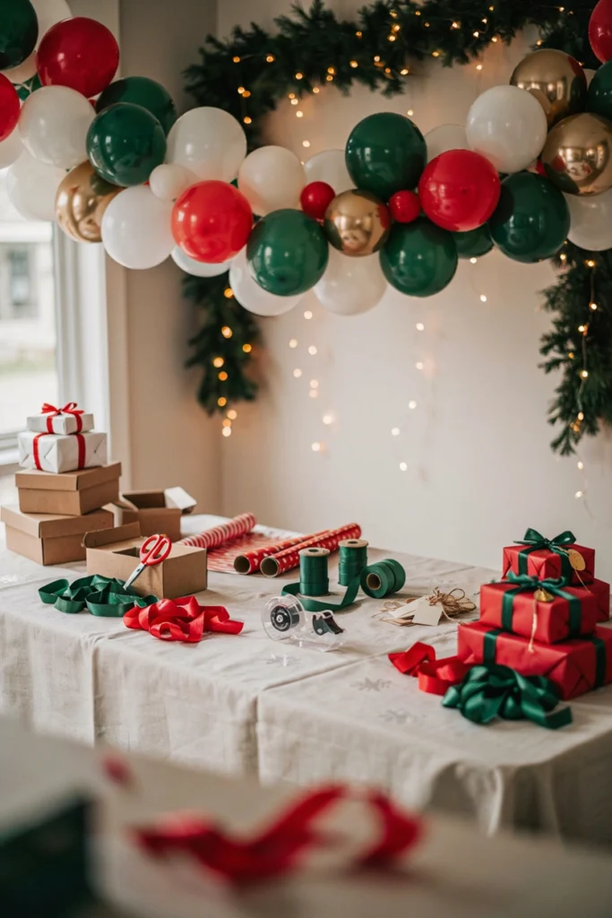 Kids racing to wrap empty boxes with wrapping paper and ribbon, paper scraps flying