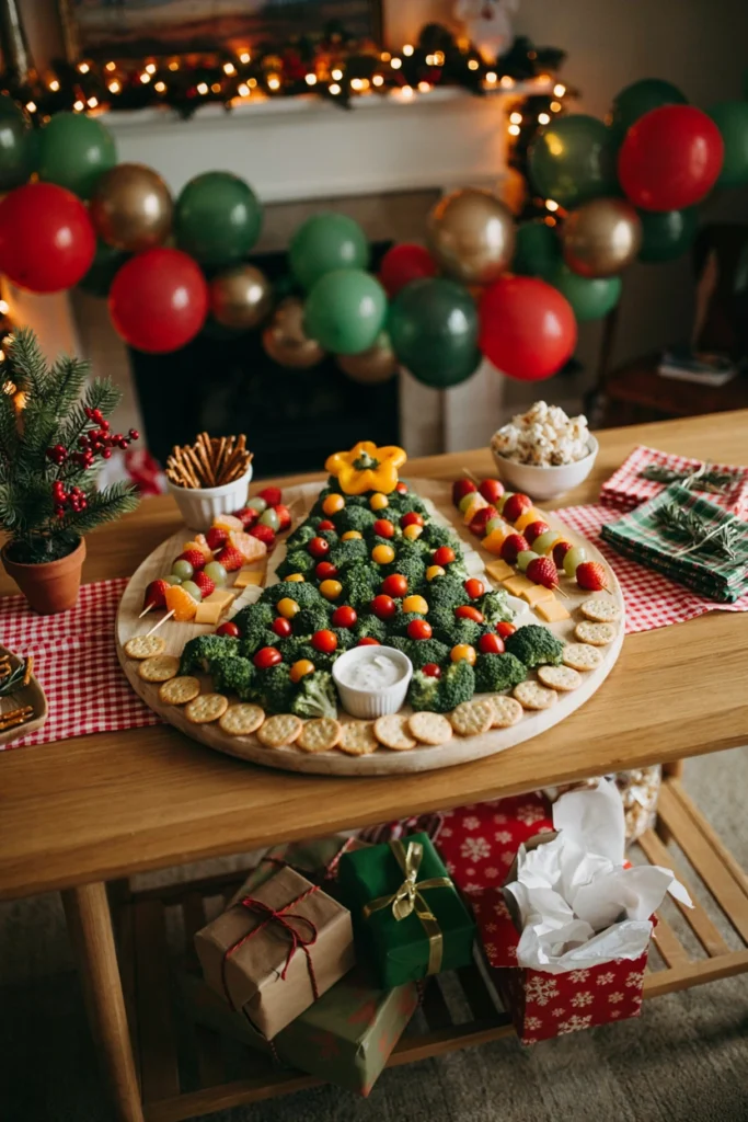 Broccoli arranged into a Christmas tree shape on a platter with cherry tomato ornaments and a star-shaped cheese topper