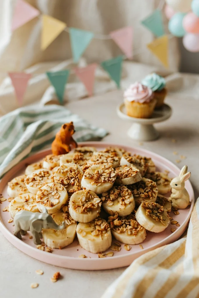 Banana rolled in crumbs and sliced into sushi-style rounds