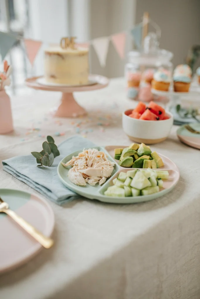 Shredded chicken and mashed avocado bites in a divided baby tray