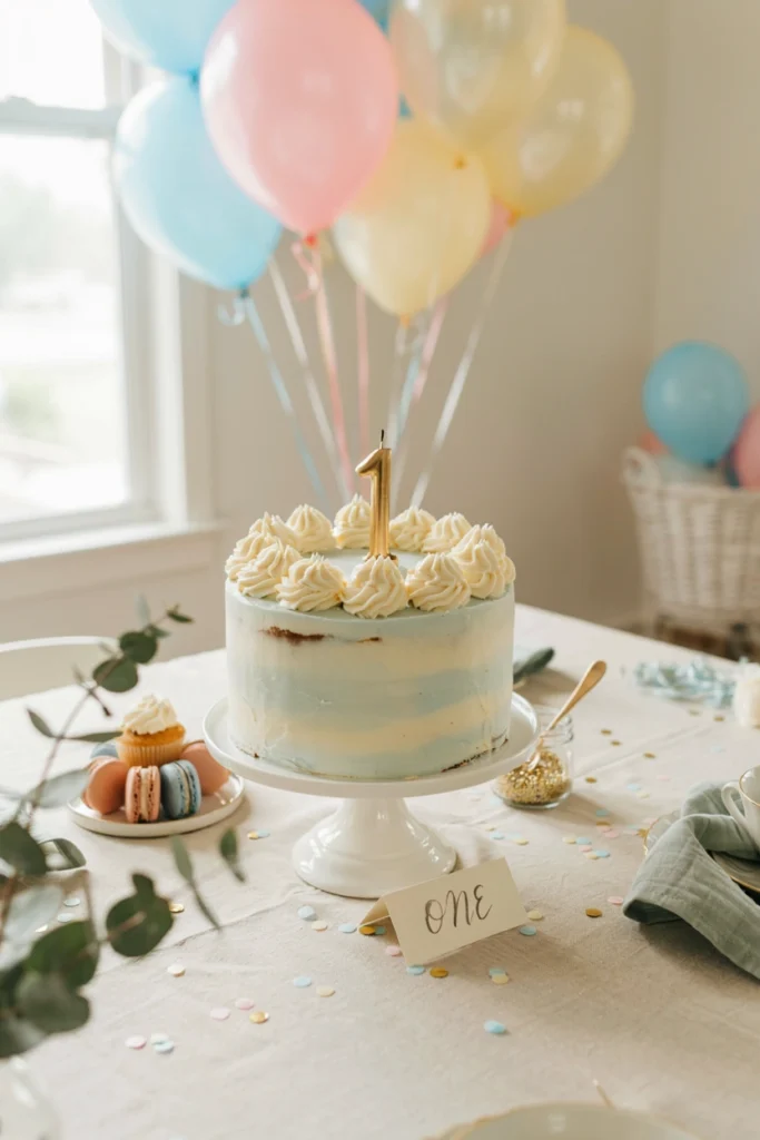 Baby reaching for a small smash cake with pastel frosting