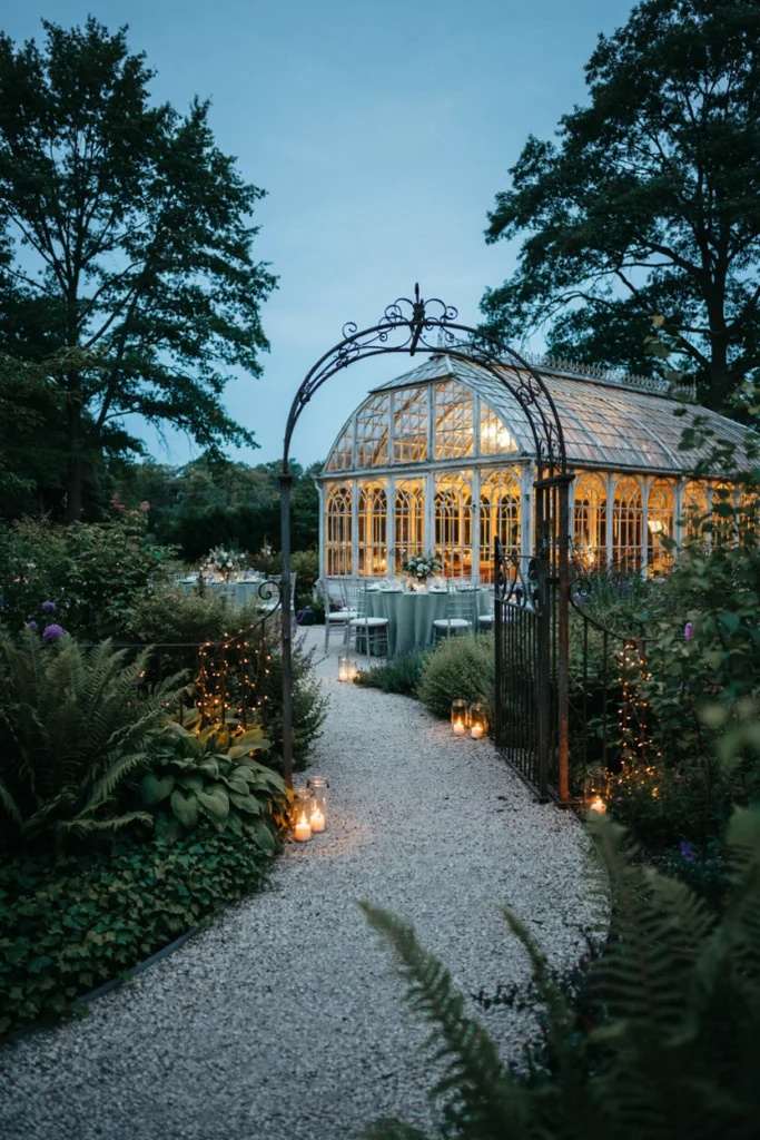 Guests arriving at a garden party at sunset with lanterns already lit