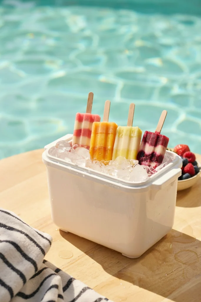 Layered rainbow fruit juice popsicles standing upright in a cooler packed with crushed ice