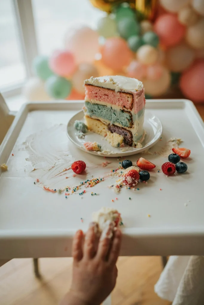 Baby in a highchair mid-smash with a small round first birthday cake