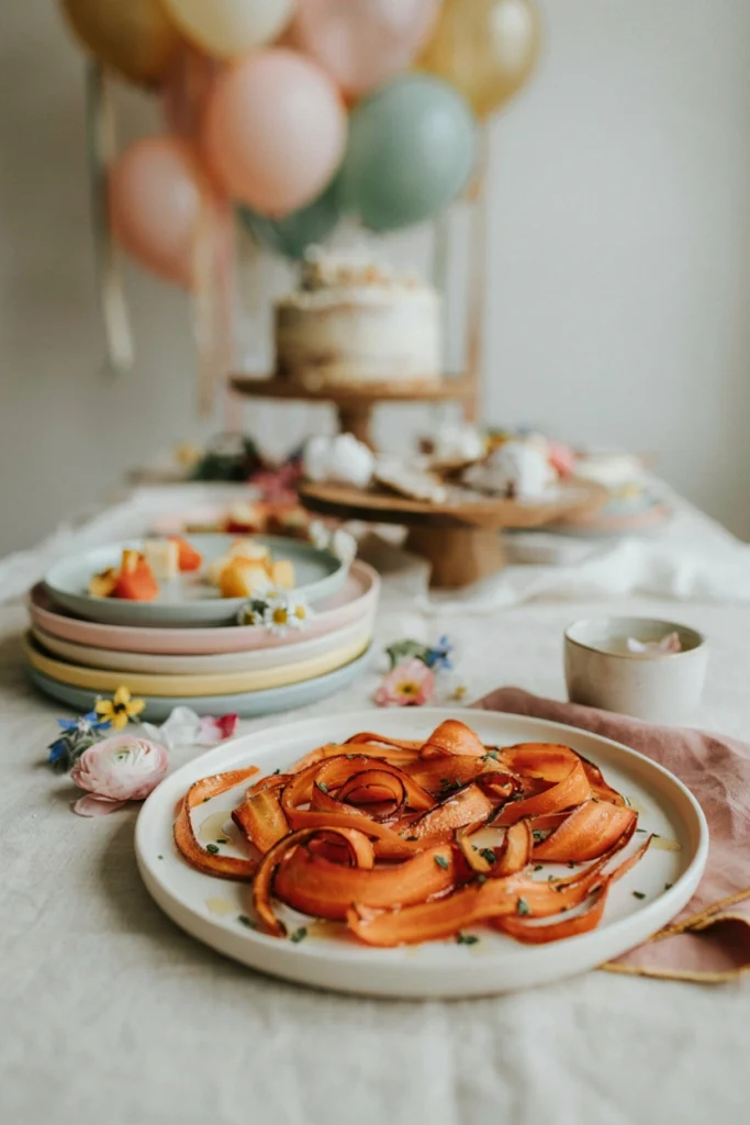 Curled roasted carrot ribbons on a serving plate