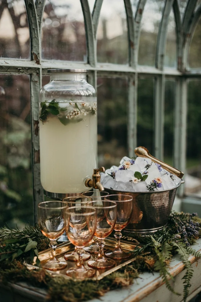 Clear ice cubes with edible flowers frozen inside chilling a glass drink dispenser