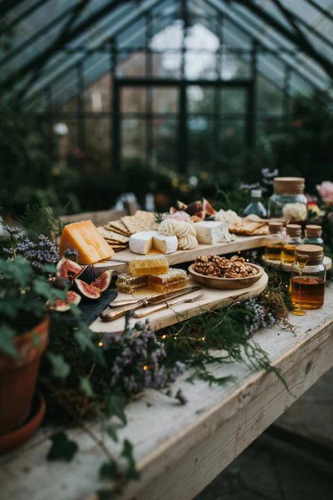 Real honeycomb and honey drizzled cheese board with slim taper candles