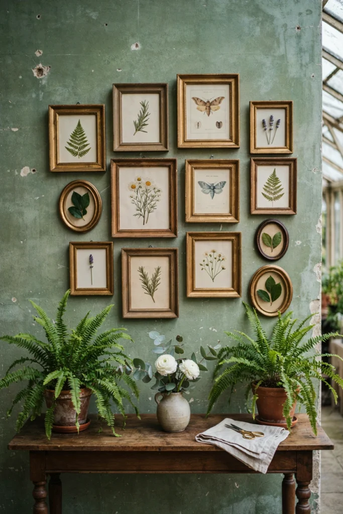 Gallery wall of small frames each holding a single pressed flower