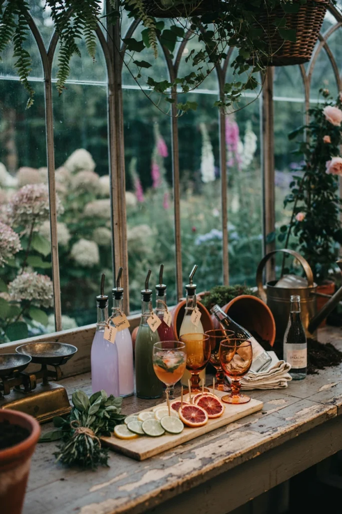 Self-serve drink station with labeled herb-infused simple syrup bottles