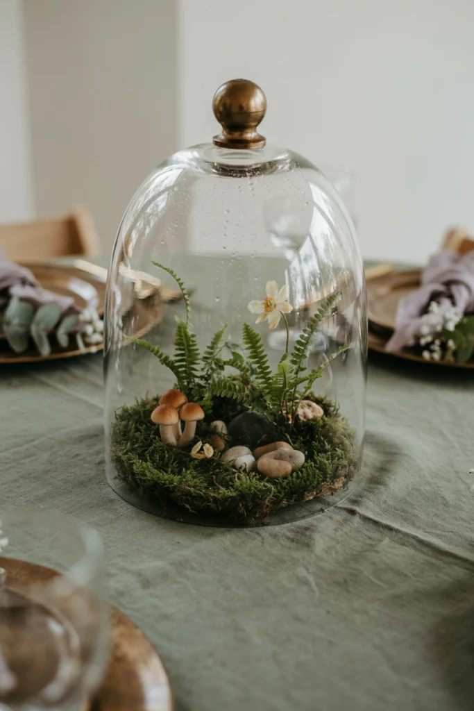 Glass dome covering a miniature moss and fern landscape centerpiece