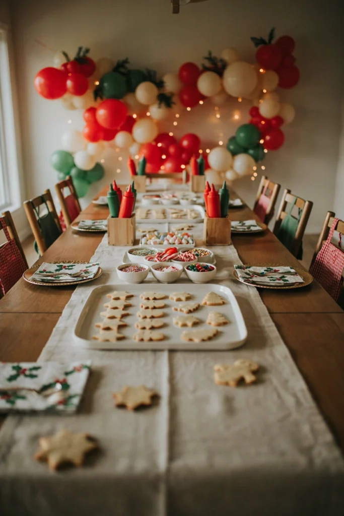 Two teams of kids racing to decorate sugar cookies with icing and sprinkles at opposite ends of a table