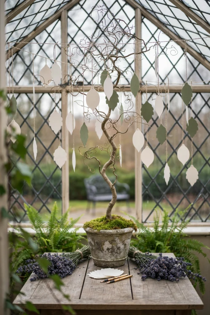 Bare branch strung with leaf-shaped advice tags from guests