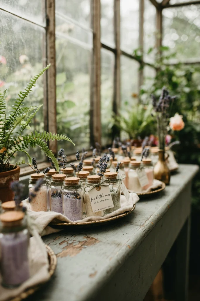 Small glass jars of bath salts layered with dried lavender and rose petals
