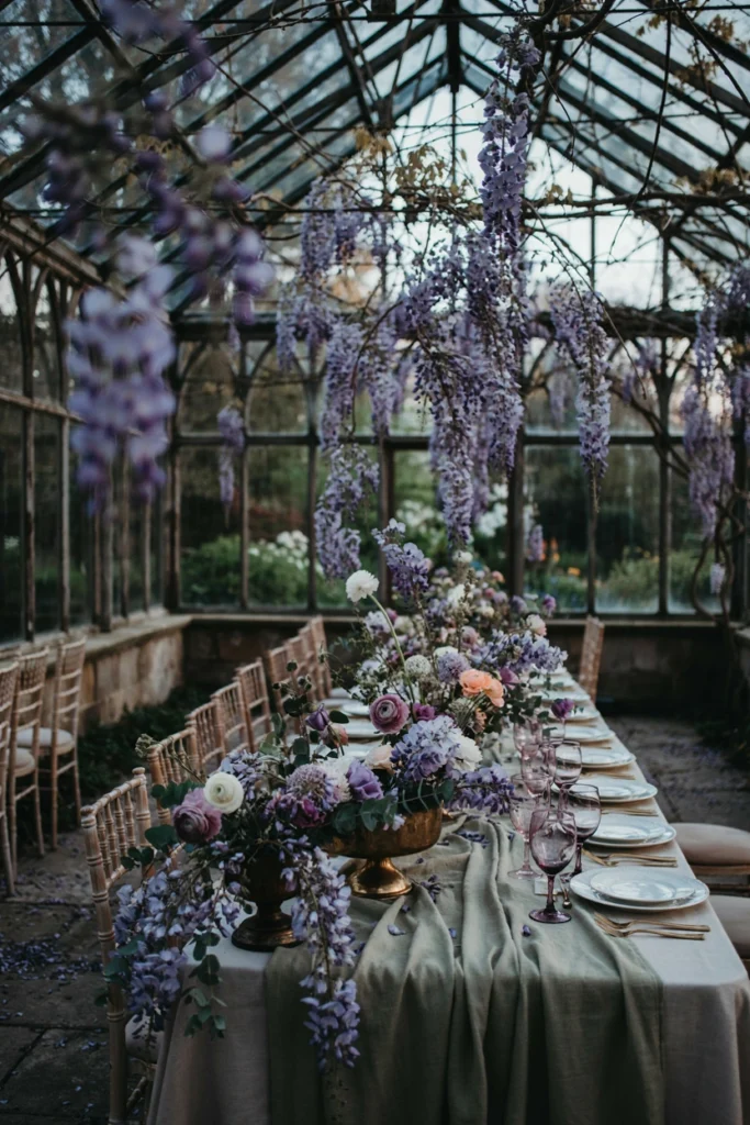 Trailing purple wisteria draped over a table set with antique brass candle holders