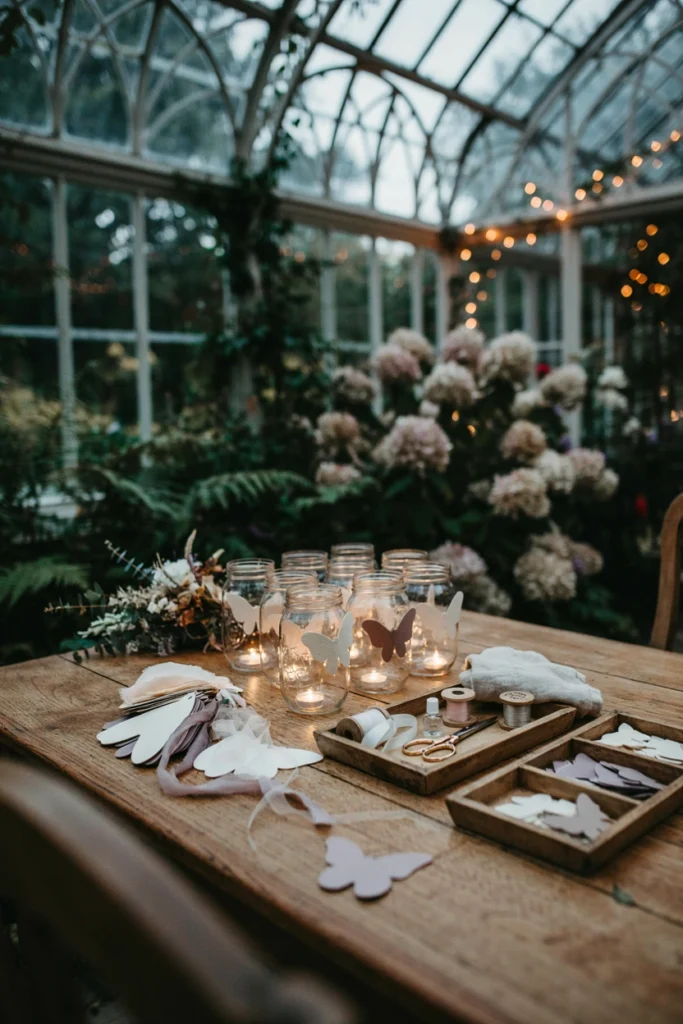 Guests decorating small mason jars with paper moths and battery tea lights