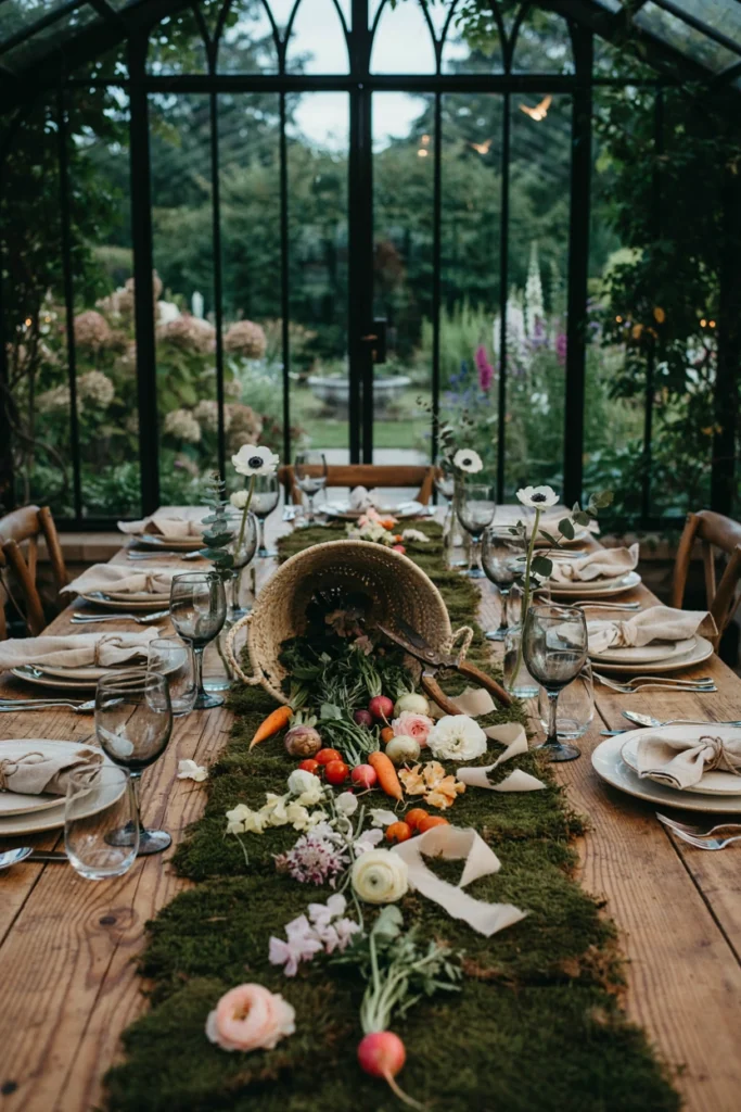 Table styled mid-harvest with a basket of cut flowers and loose herbs