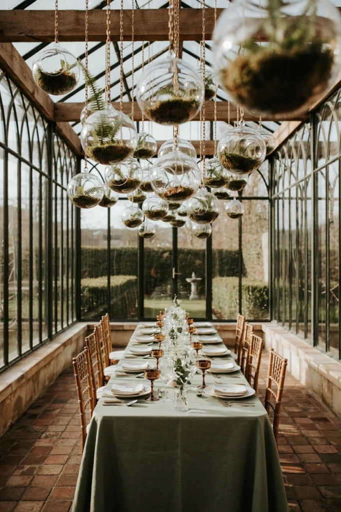 Small glass terrariums hung at varying heights over a baby shower table
