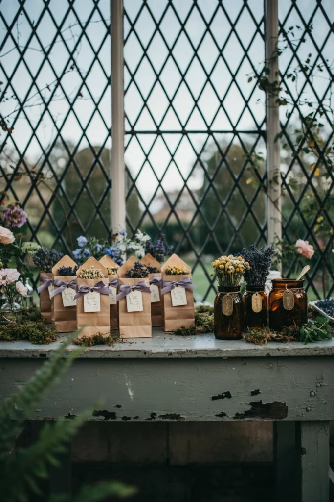 Small kraft bags of loose-leaf herbal tea blend labeled as a party favor