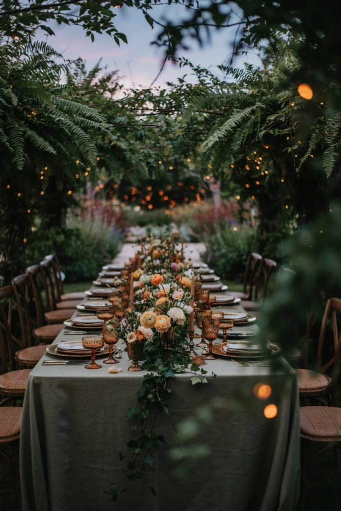 Warm amber fairy lights glowing low through garden greenery at twilight