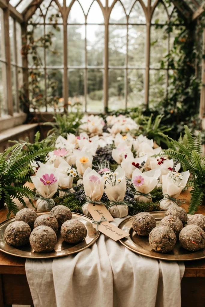 Small seed bomb favors wrapped in tissue with a pressed flower detail