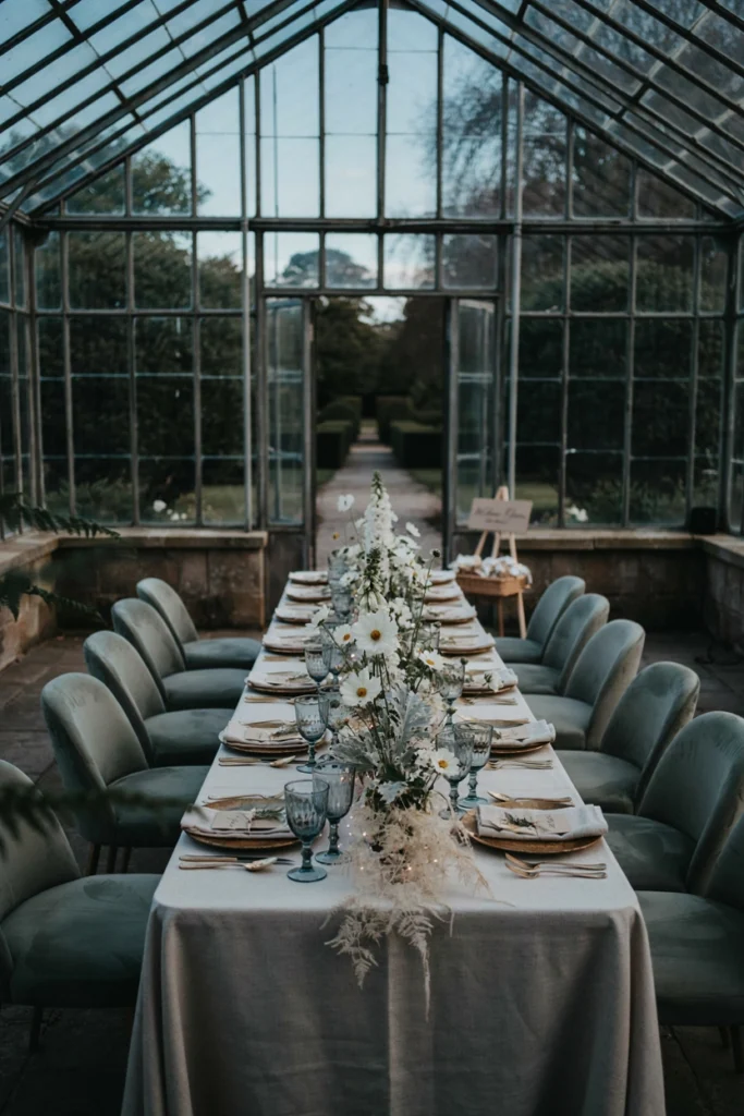 All-white moon garden baby shower table glowing under candlelight at dusk