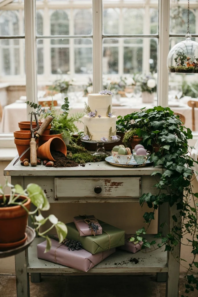 Weathered potting bench styled with terracotta pots and garden tools as a baby shower centerpiece