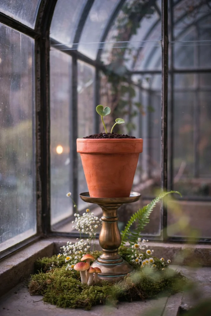 Cake decorated to look like a terracotta plant pot with chocolate soil and a marzipan sprout