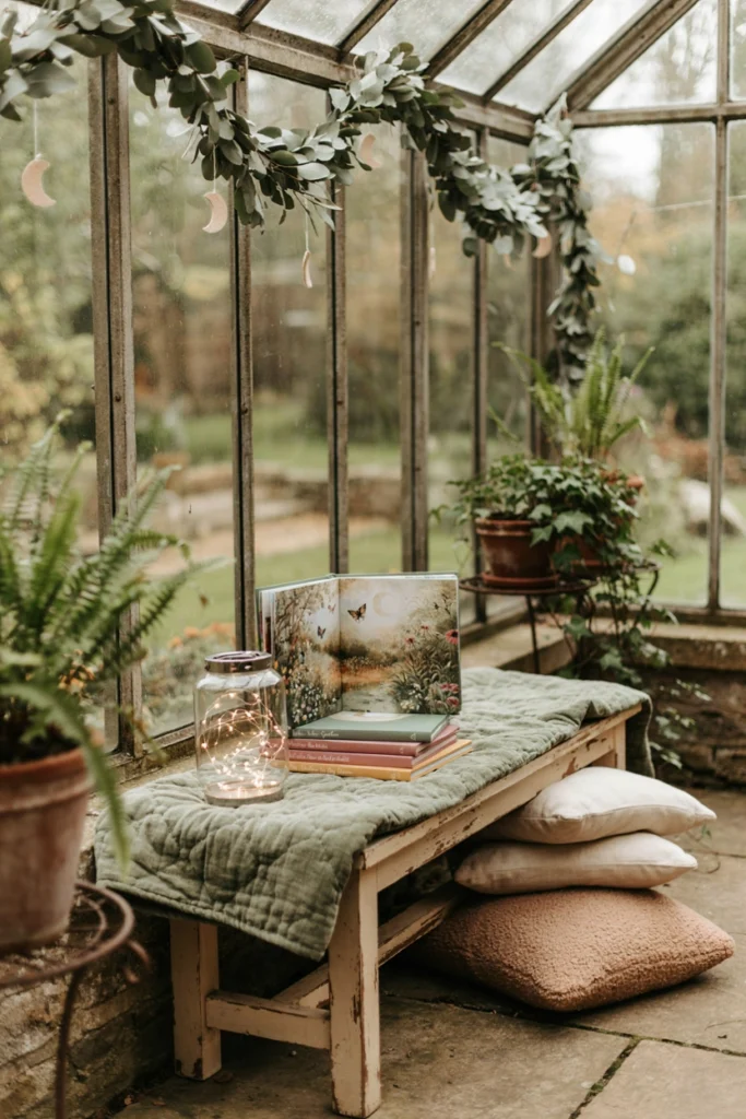 Small reading nook with children's garden-themed books and a soft blanket