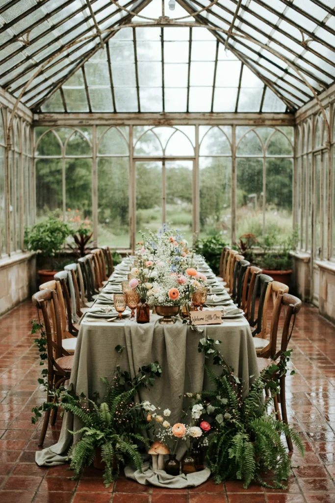 Indoor sunroom filled with potted plants and soft light as a rain-friendly party setup
